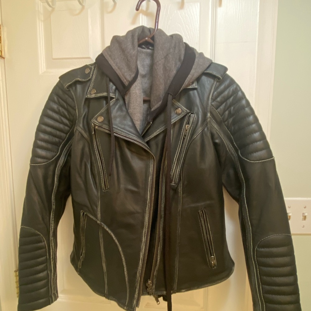 Black Leather Biker Jacket with Gray Hoodie
